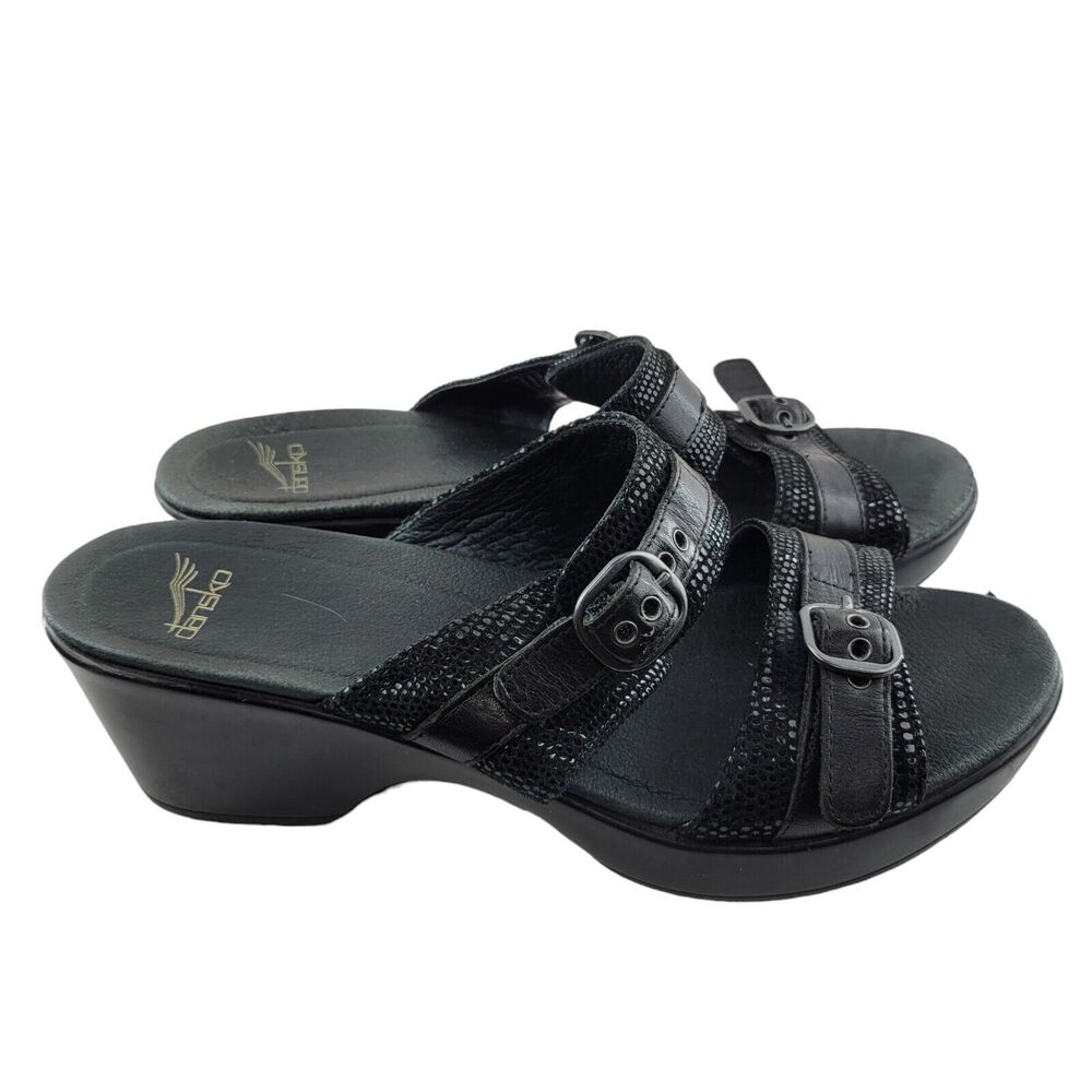 Dansko Wedge Sandals Jessie Size‎ 41 10.5-11 Black Lizard Leather Slip On Buckle